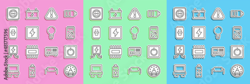 Set line Ampere meter, multimeter, voltmeter, Electric light switch, Multimeter, Exclamation mark in triangle, Lightning bolt, Electrical outlet and bulb with concept of idea icon. Vector