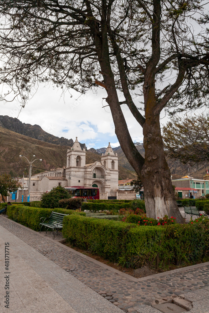 View of the facade of the church of the town of Chivay, in the Colca canyon, Arequipa, Peru