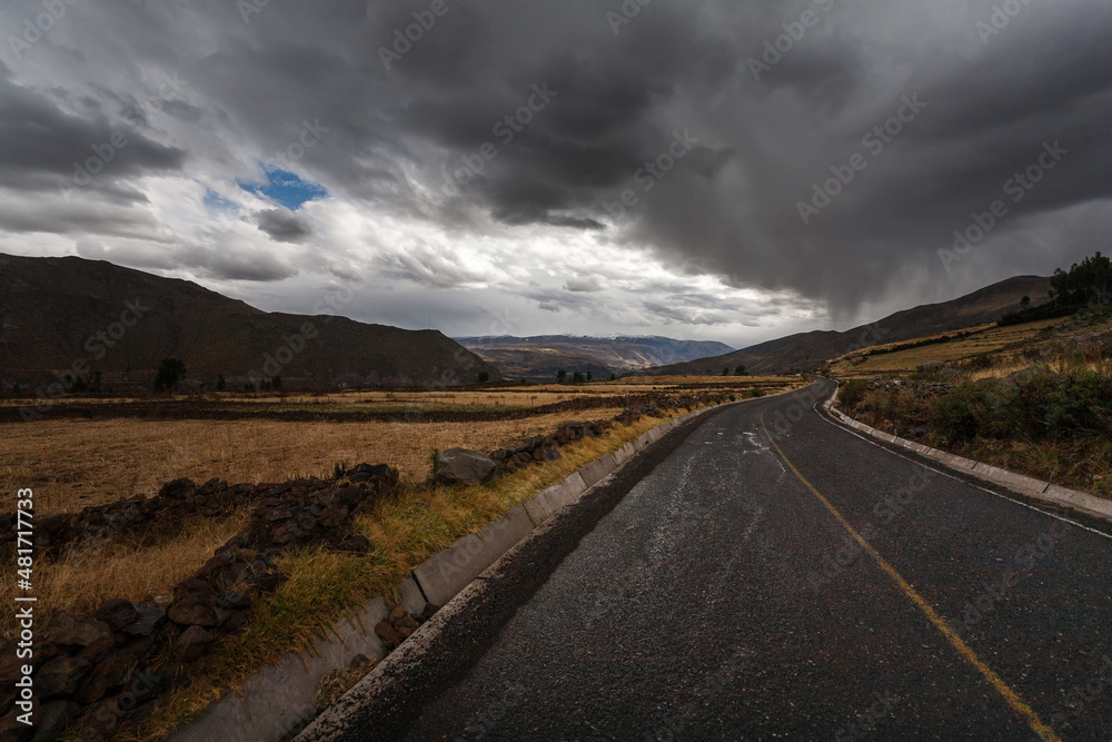 Rainy roadway in the peruvian Andes, in Arequipa, Peru
