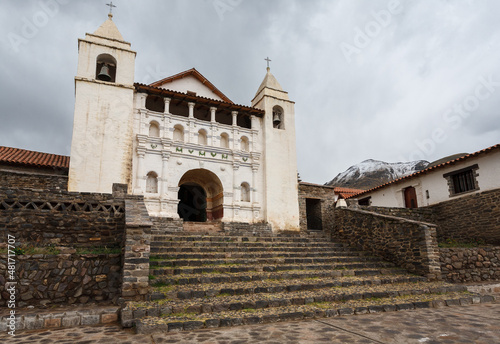 Old catholic church built with stone in a town of the Colca canyon, in Arequipa, Peru