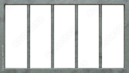 Gitterstäbe Gefängnis (Zelle), freigestellt auf weissem Hintergrund, Metall, Bemalung beschädigt mit Rost (Rostspuren, Rostschäden)