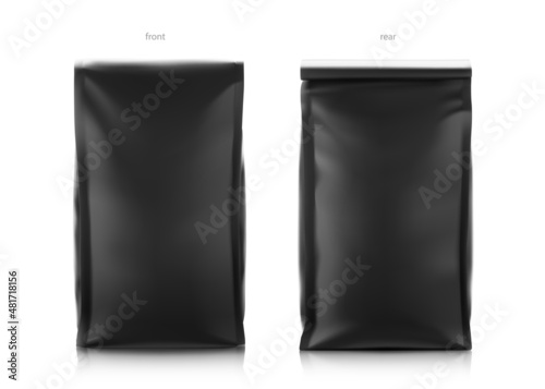 High realistic clean vertical stand bag mockup. Front and rear view. Vector illustration isolated on white background. Easy to use for presentation your product, idea, promo, design. EPS10.	