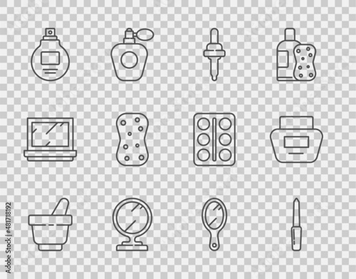 Set line Mortar and pestle, Nail file, Pipette, Round makeup mirror, Perfume, Sponge with bubbles, Hand and Cream lotion cosmetic tube icon. Vector