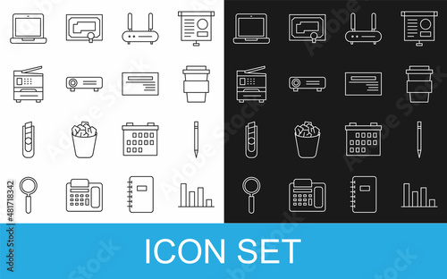 Set line Pie chart infographic, Pencil with eraser, Coffee cup to go, Router and wi-fi signal, Movie, film, media projector, Printer, Laptop and Business card icon. Vector