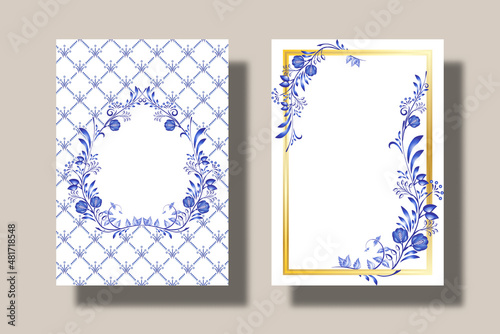 Cards with blue floral pattern and elements for the design of greetings, invitations or book covers. Style of cobalt painting on porcelain. Ornamental background.
