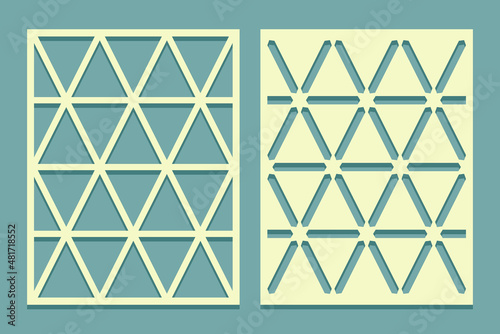 Laser Cutting Panels templates. Stencil with triangles pattern Die laser cut screen billet. For drawing, plaster and painting wall or floor Set of cliche direct and inverse patterns