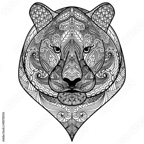 Ornamental head of tiger symbol of new year 2022 Black and white concept. Patterned cats face. Painted ethnic ornament. Hand drawn doodle style. Animal design. Print for t-shirts photo