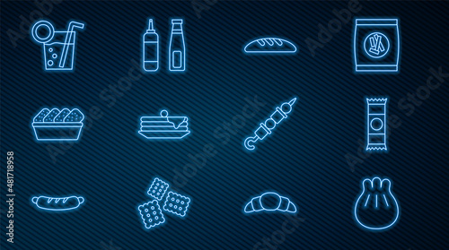 Set line Khinkali on cutting board, Chocolate bar, Bread loaf, Stack of pancakes, Chicken nuggets box, Cocktail, Grilled shish kebab and Sauce bottle icon. Vector