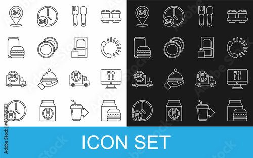 Set line Online ordering and burger delivery, Food, Fork spoon, Plate, Round the clock and icon. Vector