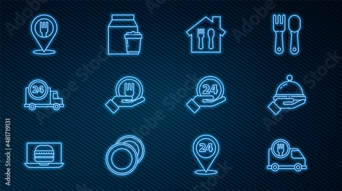 Set line Fast delivery by car, Covered with tray of food, Online ordering and, Cafe restaurant location, Clock 24 hours and icon. Vector