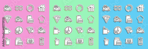 Set line Online ordering and delivery, Fast by car, Chef hat, Food, Slice of pizza, and icon. Vector