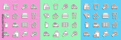 Set line Online ordering and delivery, Asian noodles chopsticks, Fork spoon, Clock 24 hours, pizza, burger and Burger icon. Vector