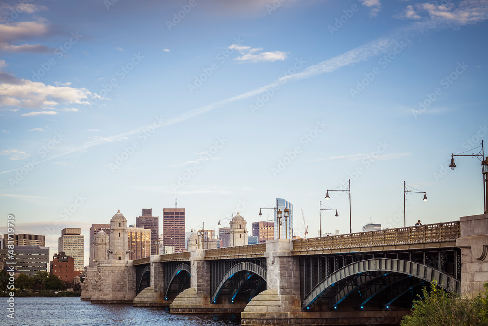 View of historic Longfellow Bridge over Charles River, connecting Boston's Beacon Hill with Cambridge, Massachusetts