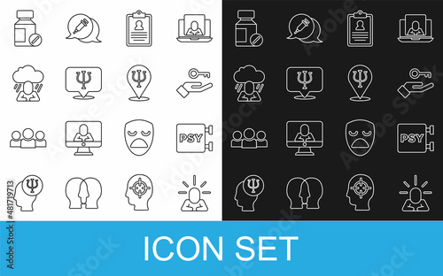 Set line Depression, Psychology, Psi, Solution to the problem, Medical clipboard, Sedative pills and icon. Vector