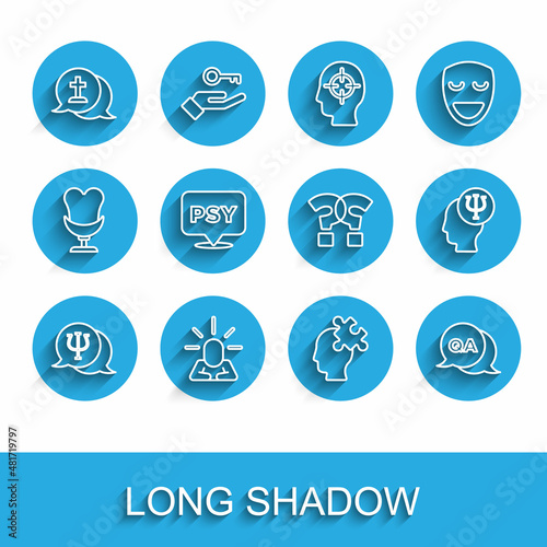 Set line Psychology, Psi, Depression, Graves funeral sorrow, Solution to the problem, Question and Answer, and mark icon. Vector