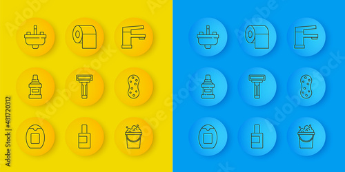 Set line Bottle of shampoo, Mouthwash bottle, Shaving razor, Bucket with soap suds, Sponge, Washbasin water tap, Water and Toilet paper roll icon. Vector