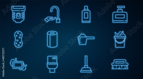 Set line Brush for cleaning, Bucket with soap suds, Bottle agent, Paper towel roll, Sponge, Epilator, Washing powder and hands icon. Vector