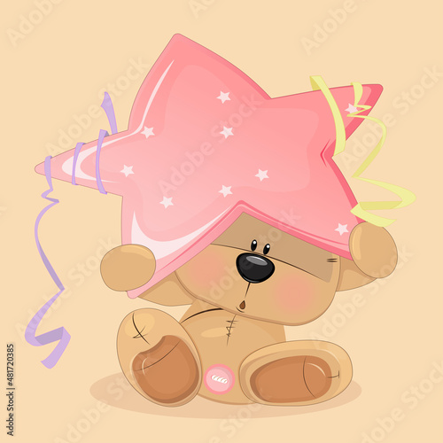 Cute cartoon cute little bear hugs star Baby print for baby, baby clothes, poster, card. Vector illustration