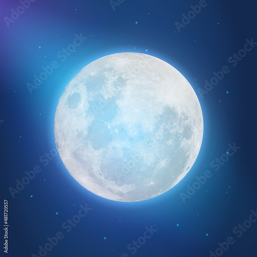 Realistic detailed full big moon in blue sky with stars. Vector illustration EPS10