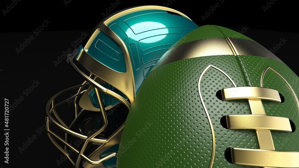 Naklejka premium American football Green-Blown helmet and Gold-Green Ball under black laser lighting. 3D illustration. 3D CG. 3D high quality rendering.