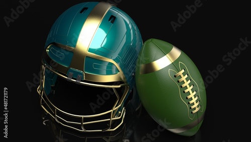 American football Green-Blown helmet and Gold-Green Ball under black laser lighting. 3D illustration. 3D CG. 3D high quality rendering.