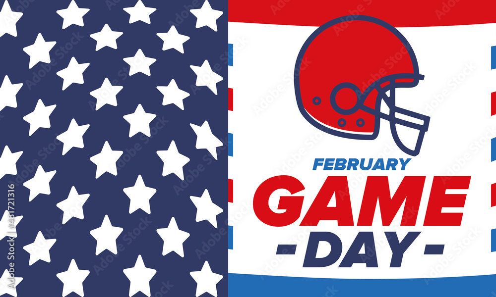 Game Day. American football playoff. Super Bowl Party in United States. Final game of regular season. Professional team championship. Ball for american football. Sport poster. Vector illustration Game Day. American football playoff. Super Bowl Party in United States. Final game of regular season. Professional team championship. Ball for american football. Sport poster. Vector illustration