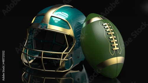 American football Green-Blown helmet and Gold-Green Ball under black laser lighting. 3D illustration. 3D CG. 3D high quality rendering.