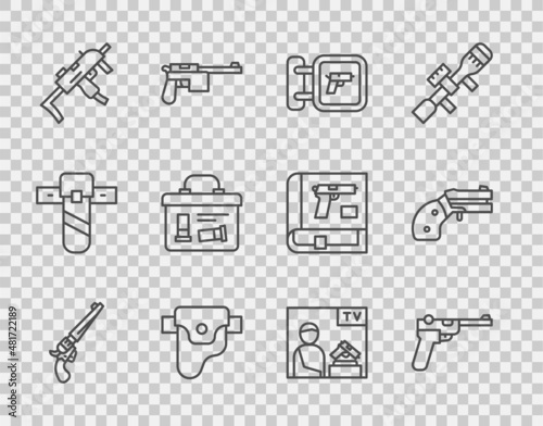 Set line Revolver gun, Mauser, Hunting shop weapon, Gun holster, MP9I submachine, Military ammunition box, Advertising and Small revolver icon. Vector