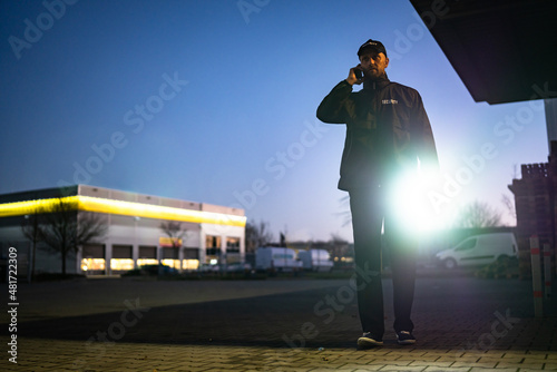 Photos Security Guard Walking Building Perimeter With Flashlight