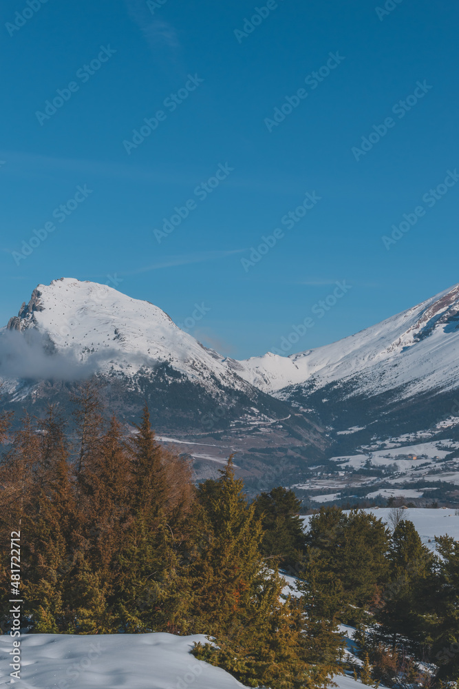 A picturesque vertical landscape view of the French Alps mountains on a cold winter day (La Joue du Loup, Devoluy)