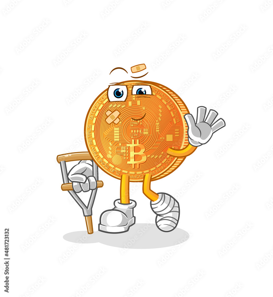 bitcoin sick with limping stick. cartoon mascot vector bitcoin sick with limping stick. cartoon mascot vector