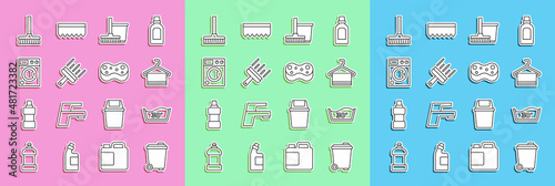 Set line Trash can, Temperature wash, Towel on hanger, Mop and bucket, Rubber cleaner for windows, Washer, Handle broom and Sponge icon. Vector
