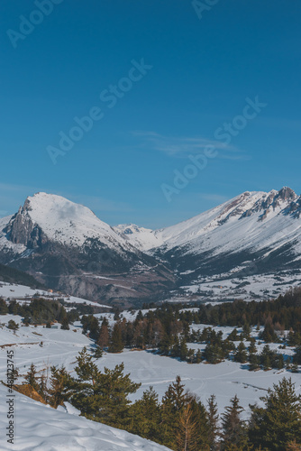 A picturesque vertical landscape view of the French Alps mountains on a cold winter day (La Joue du Loup, Devoluy)