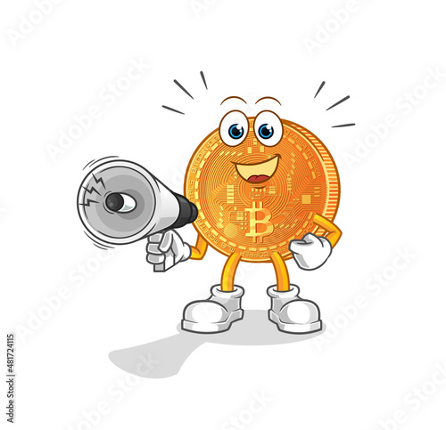 bitcoin holding hand loudspeakers vector. cartoon character