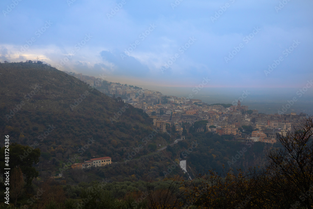 View of the city of Tivoli of Italy from the top of the mountain