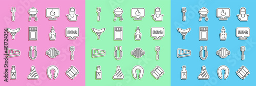 Set line Grilled pork bbq ribs, Barbecue spatula, Location with fire flame, Matchbox and matches, Sausage the fork, and Sauce bottle icon. Vector