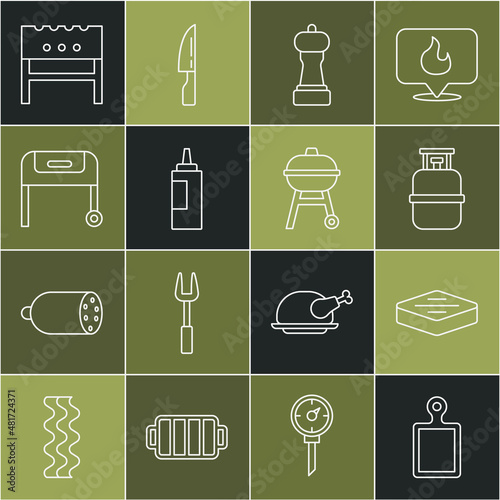Set line Cutting board, Steak meat, Propane gas tank, Pepper, Sauce bottle, Barbecue grill, BBQ brazier and icon. Vector