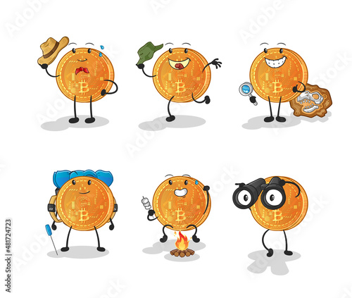 bitcoin adventure group character. cartoon mascot vector