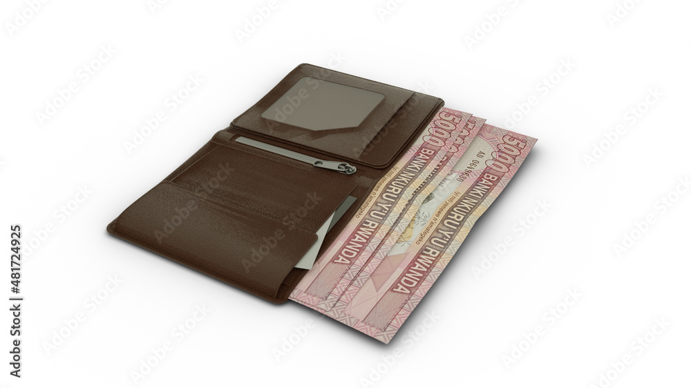 3D rendering of 5000 Rwandan franc notes in wallet 3D rendering of 5000 Rwandan franc notes in wallet