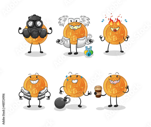 bitcoin villain group character. cartoon mascot vector