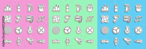 Set line Bicycle chain with gear, sprocket crank, Swiss army knife, air pump, Derailleur bicycle rear, Award over sports winner podium and Stopwatch icon. Vector