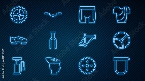 Set line Bicycle lock, wheel, Cycling shorts, fork, shoes, sprocket crank, frame and handlebar icon. Vector