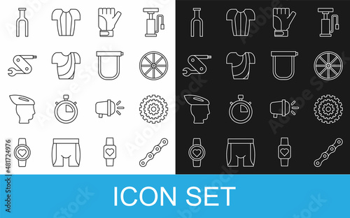 Set line Bicycle chain, cassette, wheel, Gloves, Cycling t-shirt, Swiss army knife, fork and lock icon. Vector