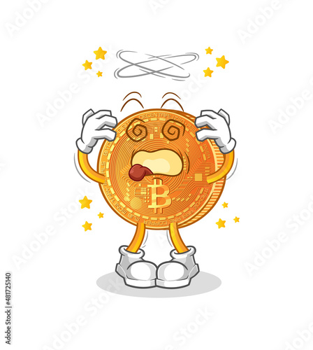 bitcoin dizzy head mascot. cartoon vector