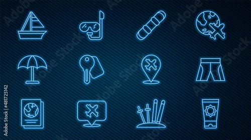 Set line Sunscreen cream in tube, Short or pants, Snowboard, Hotel door lock key, protective umbrella, Yacht sailboat, Plane and Diving mask and snorkel icon. Vector