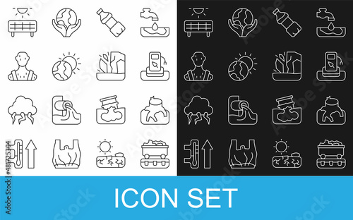 Set line Coal train wagon, Deforestation, Petrol gas, Bottle of water, Global warming, High human body temperature, Solar energy panel and Glacier melting icon. Vector