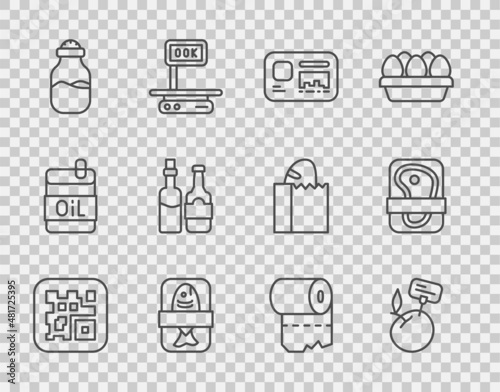Set line QR code, Supermarket food products with price label, Identification badge, Fish plastic tray container, Spice can, Whiskey bottle, Toilet paper roll and Meat packaging steak icon. Vector