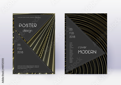 Black cover design template set. Gold abstract lin