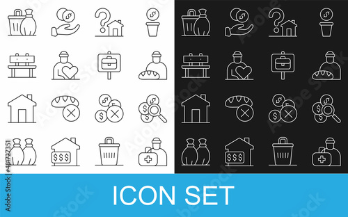 Set line First aid kit, Search for money, Feeding the homeless, House with question mark, Volunteer, Bench, Trash can and Work search icon. Vector