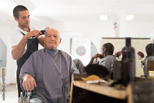 Professional stylist performing haircut of gray-haired man with electric clipper in hair salon
